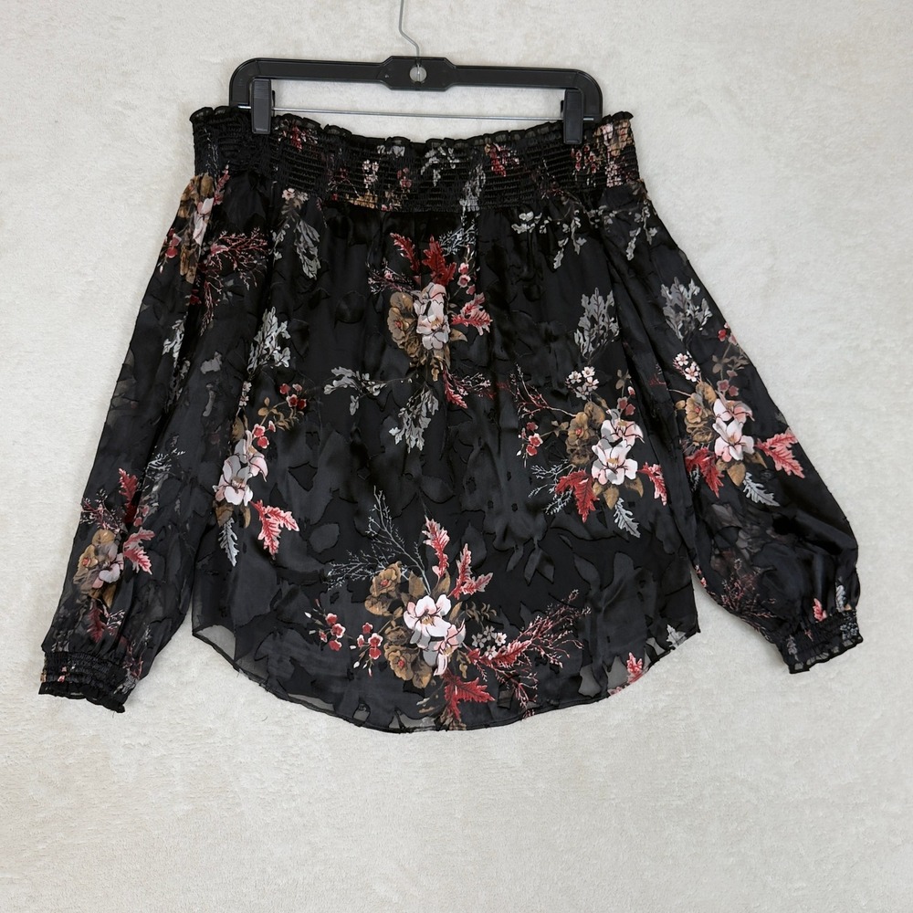 WHBM Silk Off Blend Shoulder Floral Print Smocked Blouse Dark Feminine - Picture 2 of 9